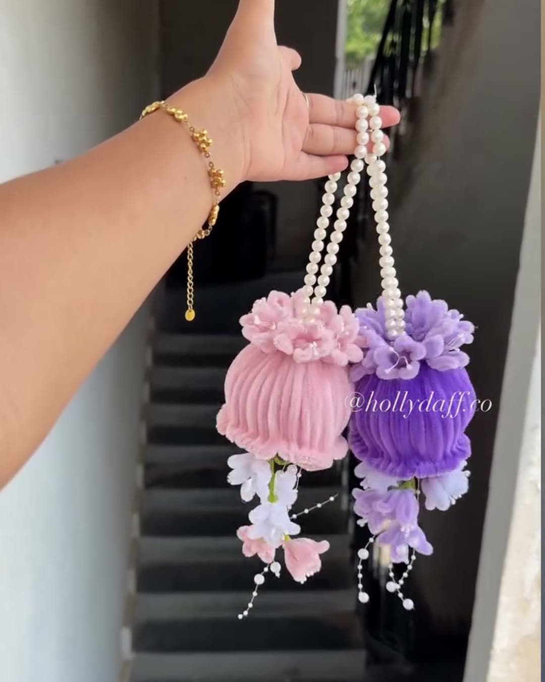 Pink and lilac tulip bell car hangings with pearl strings