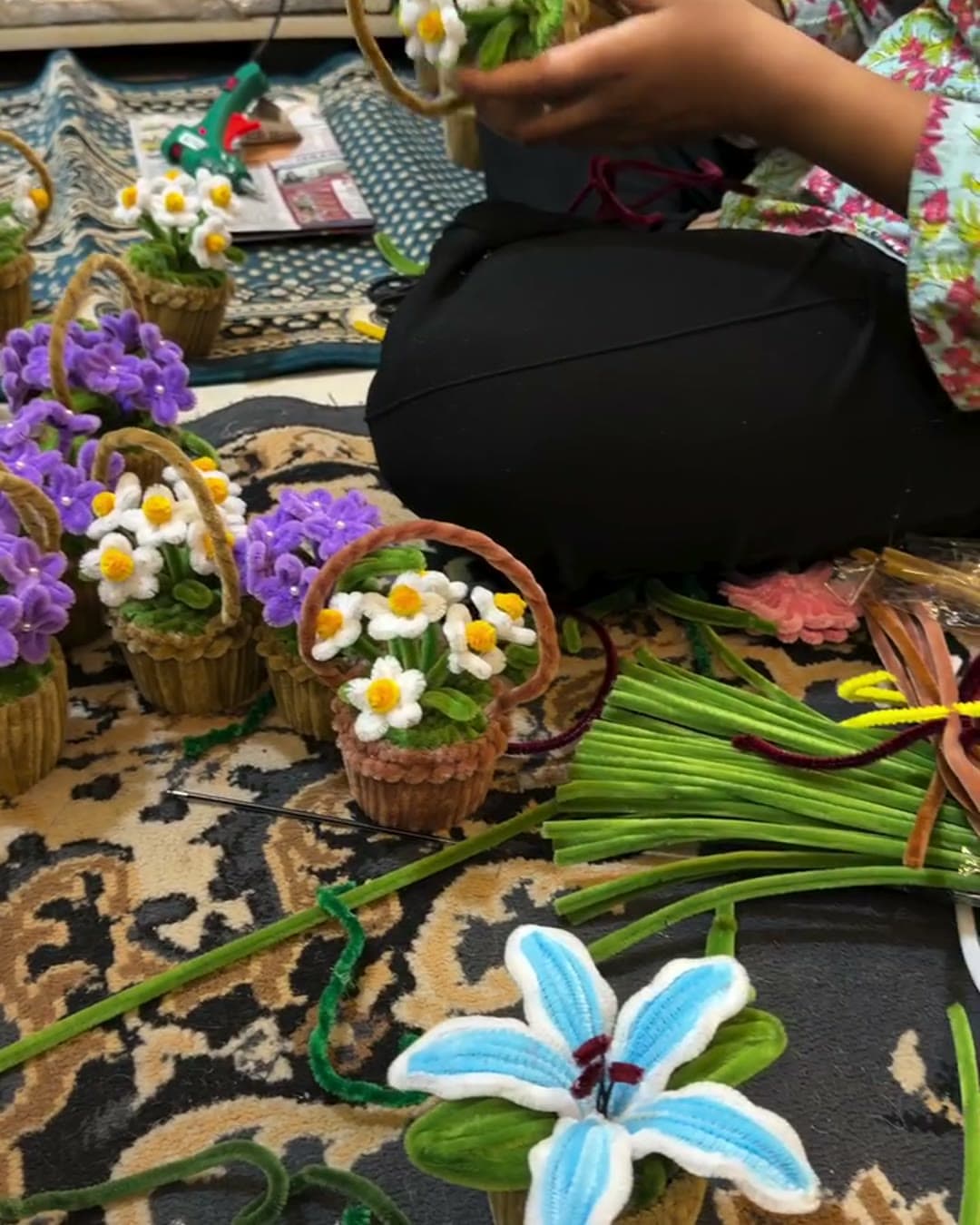 Crafting mini flower baskets by hand