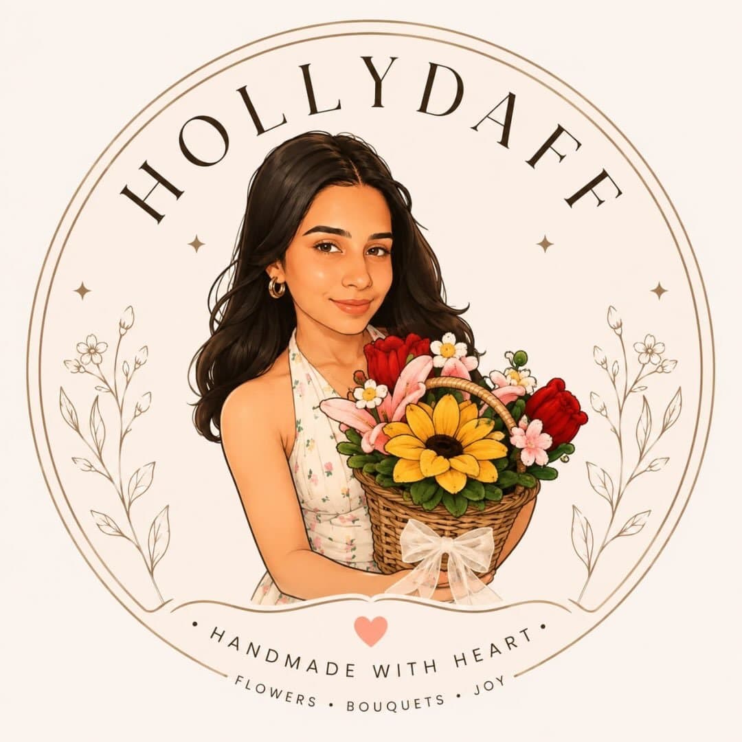 The Hollydaff logo illustration — the founder holding a basket of flowers