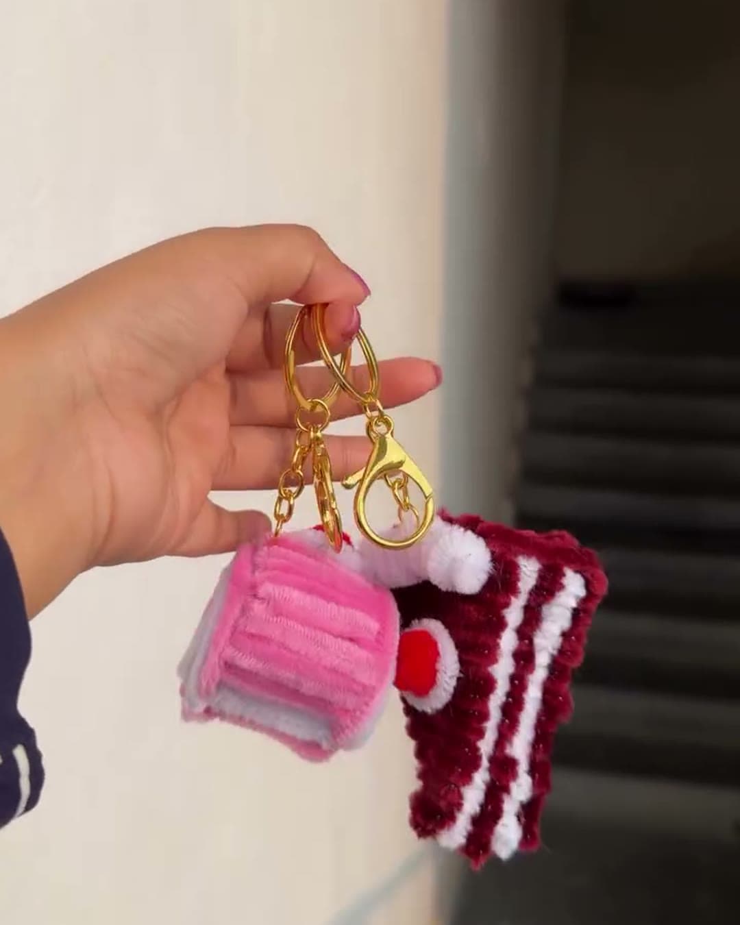 Pink swiss roll and red velvet cake keychains