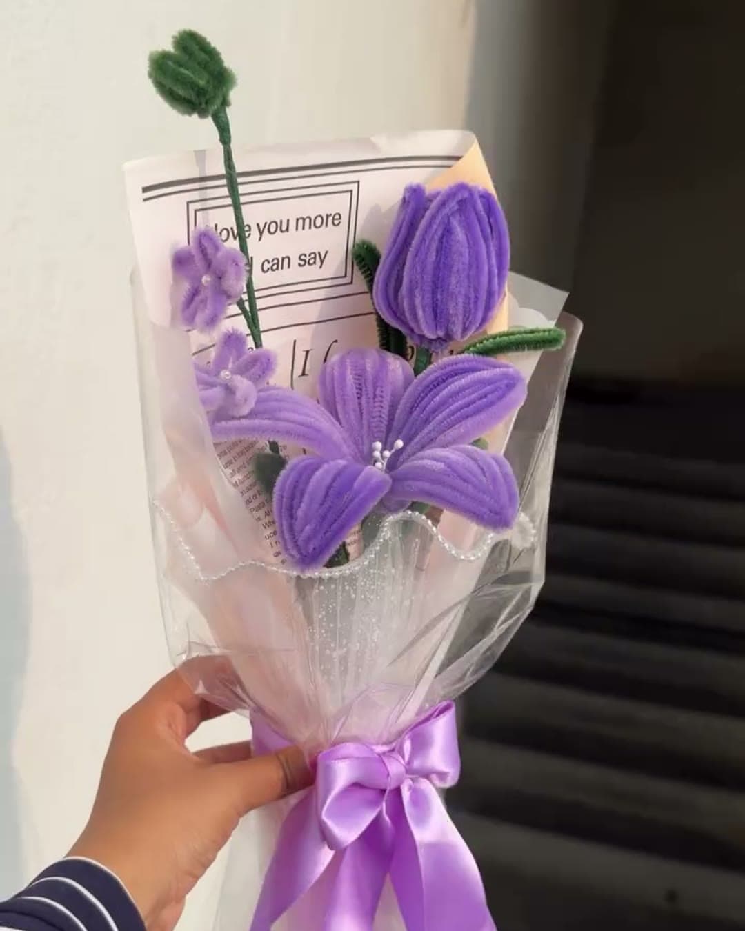 Purple tulip and lilac lily bouquet with satin ribbon