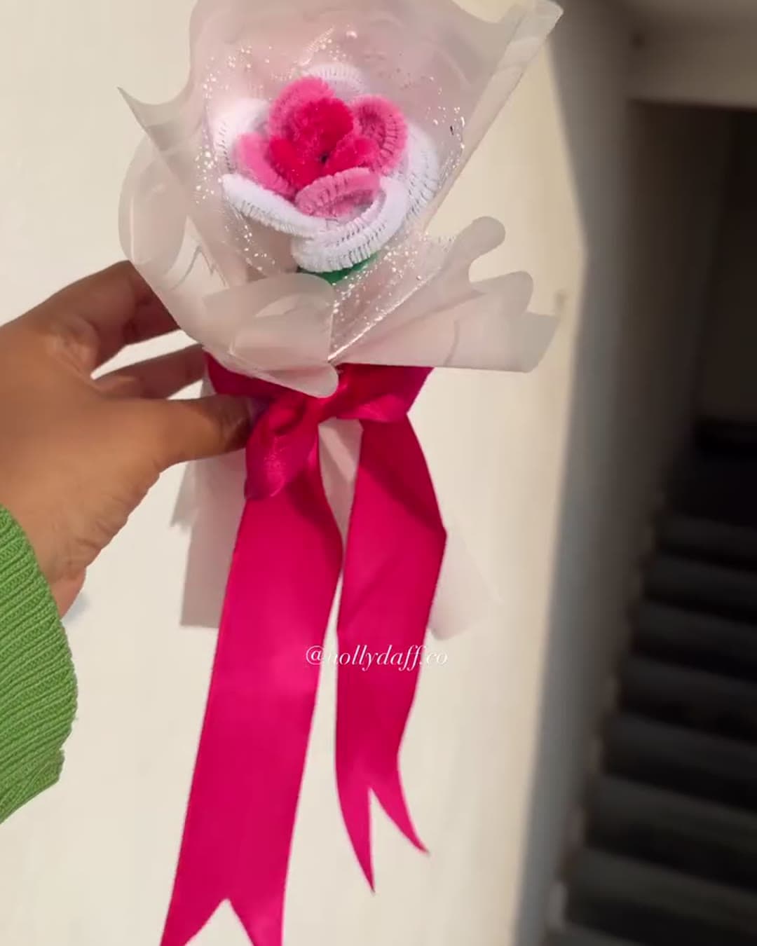 Single handmade rose bouquet with fuchsia satin ribbon